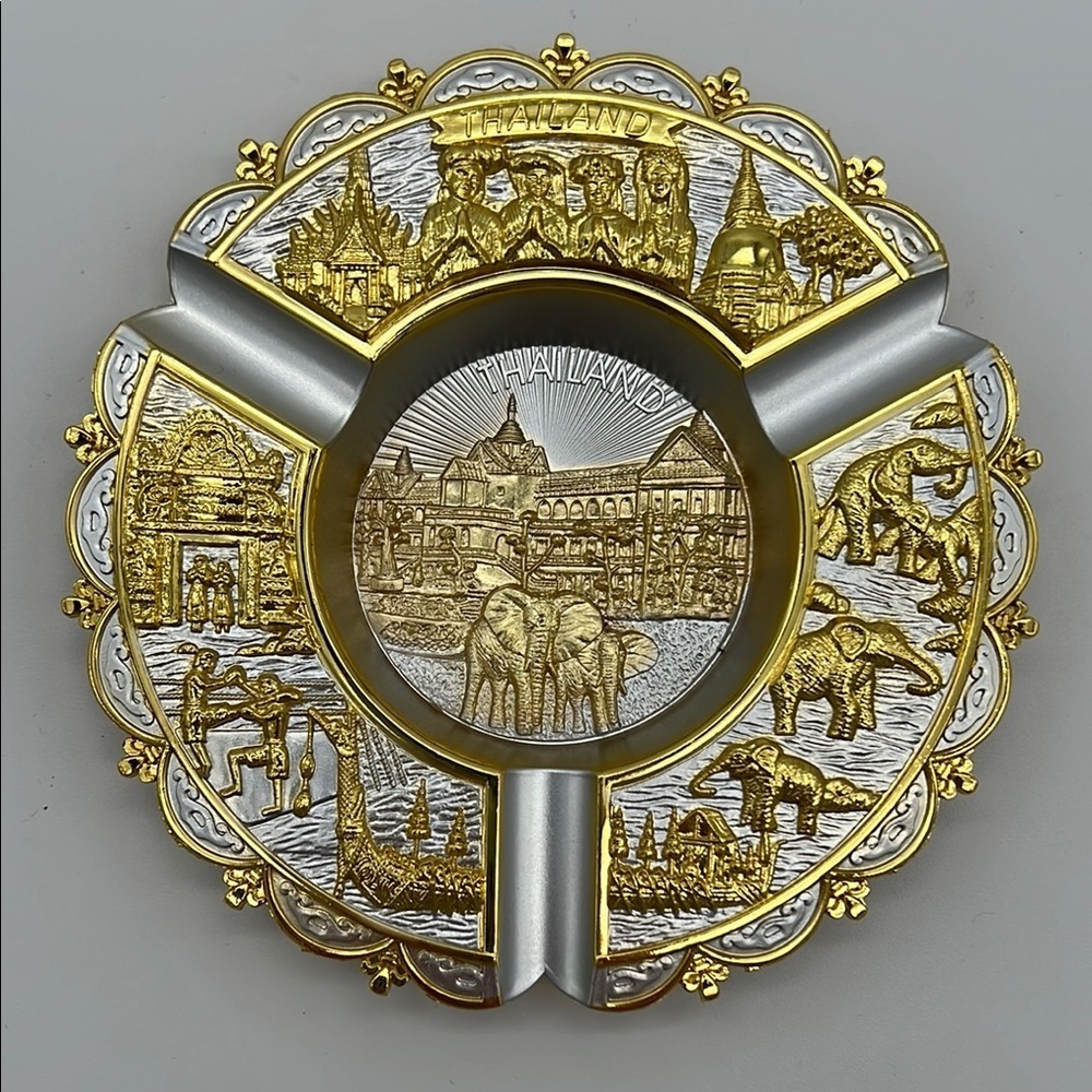 Vintage Thailand Silver-Tone and Gold-Tone Metal Souvenir Ashtray